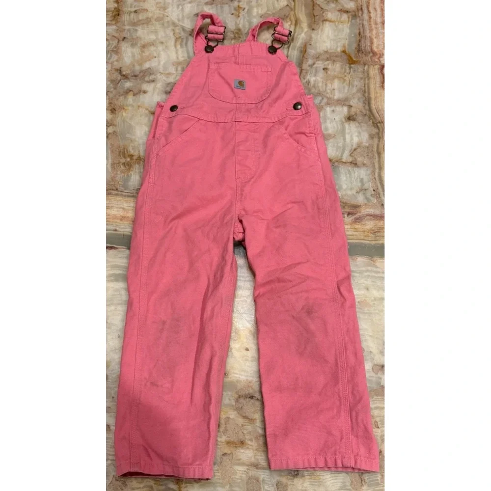 Carhartt Girls Canvas Bib Overall Pink Lemonade Snap Loose Fit Straps‎ Size 4T